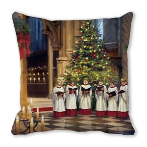 Détail de l'imprimé chorale de Noël et sapin sur la taie d'oreiller en peau de pêche