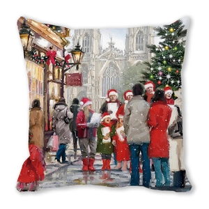 Détail de la housse de coussin en peau de pêche avec impression chorale de Noël
