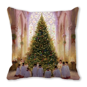 Détail de la housse de coussin avec impression de peinture à l'huile d'église de Noël
