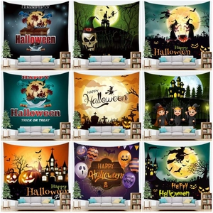 Halloween Tapestry Wall Hanging Peach Skin Polyester Fabric Pumpkin Witch Skeleton Gothic Home Decor For Party Living Room