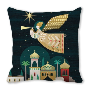 Détail de la taie d'oreiller de Noël bleu sarcelle avec impression ange sur tissu lin