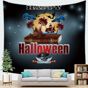 Detail view of the Halloween pirate magic book tapestry hanging in a cozy living room