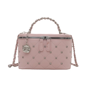 Pink quilted crossbody bag with silver rivets and metallic chain strap on white background