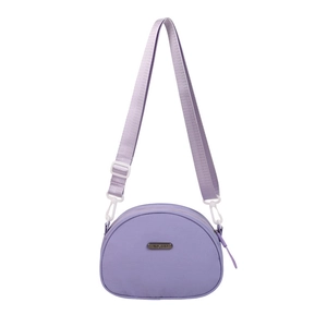 Minimalist light purple nylon crossbody bag with adjustable wide strap and metal logo