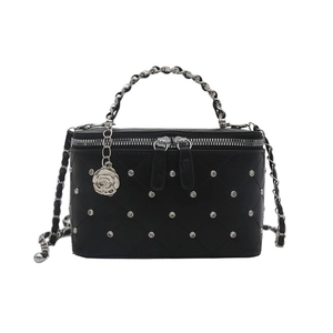 Quilted black PU leather box handbag with chain handle and silver rose pendant