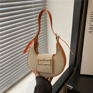 Sac Hobo Croissant Femme En Toile Tissée Et Similicuir PU Contraste Sac Sous Le Bras Épaule Boucle Dorée Minimaliste