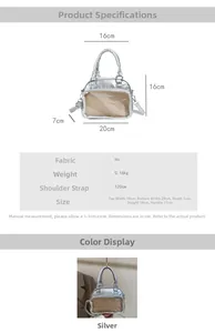 Silver ita bag dimensions detail with clear PVC window and adjustable strap measurements