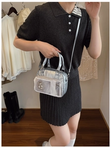 Detail of silver metallic Boston bag with clear display pocket for Japanese anime pins