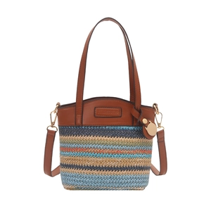 Sac seau en paille d'été avec rayures contrastées et poignées en cuir