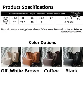 Detailed size chart and material guide for large tote and inner pouch set