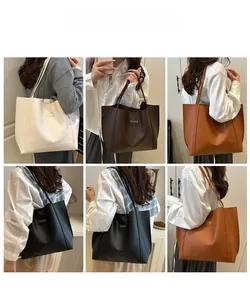 Model showing large fashion tote bag in various colors for daily commuting use