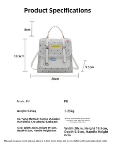 Detailed size specifications for grey polka dot backpack with cat patch and measurements