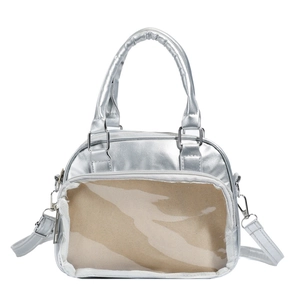 Silver metallic ita bag with clear PVC window and adjustable crossbody strap for women