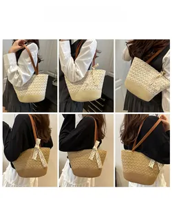 Detailed views of lace crochet straw bucket bag with elegant bow and leather strap