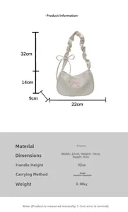 Size specifications of white nylon shoulder bag with pink bow embroidery and ruffled strap