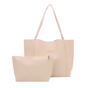 Large beige faux leather tote bag with matching zipper pouch and fashion label