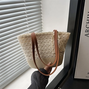 Sac Cabas Tissé en Paille d'Été pour Femmes Sac à Bandoulière de Plage en Crochet de Dentelle Vintage Épissage Grande Capacité