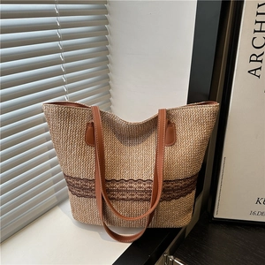 Women Large Capacity Straw Woven Tote Bag Elegant Lace Decor Brown PU Leather Strap Minimalist Summer Beach Shoulder Bag