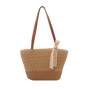 Summer woven straw tote bag with hollow lace pattern and brown leather shoulder straps