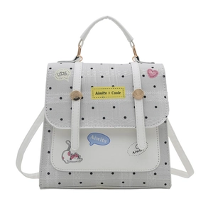 White leather polka dot mini backpack with cute cat appliques and metal buckle closure