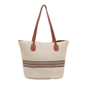 Large capacity woven straw tote bag with brown lace trim and faux leather handles