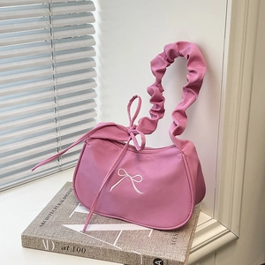 Women Sweet Hobo Shoulder Bag With Ruched Handle And Bow Embroidery Polyester Underarm Bag For Casual Daily Fashion