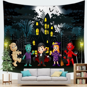 Halloween tapestry hanging in modern living room featuring cartoon monsters and spooky castle