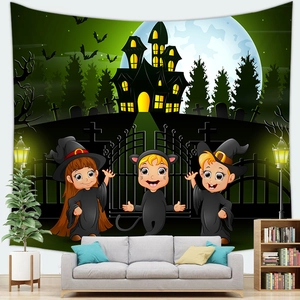 Halloween tapestry with cartoon kids and castle scenery hanging above a sofa