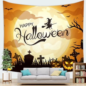 Halloween peach skin tapestry featuring a full moon, witch, and pumpkins over a sofa