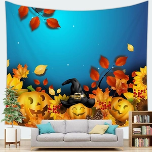 Tapiz de Halloween en piel de melocotón con calabazas y hojas de otoño para casa