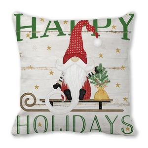 Christmas gnome cushion cover with Happy Holidays text and snowflake patterns
