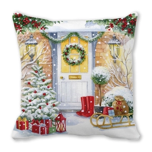 Détail de housse de coussin de Noël avec motif aquarelle de maison sur tissu peau de pêche