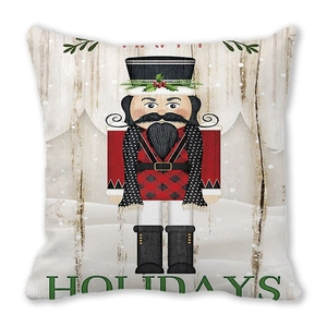 Macro detail of nutcracker soldier print on soft Christmas peach skin pillowcase