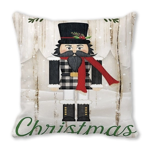 Detailed fabric texture of Christmas nutcracker pillow cover with festive print