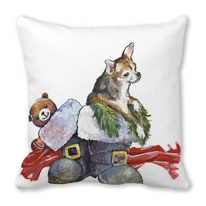 Détail d'une housse de coussin de Noël avec chiot, ours en peluche et motif de chaussette