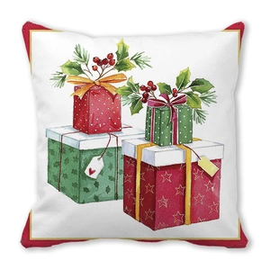 Detail of Christmas pillowcase with watercolor gift box print and red piping edges