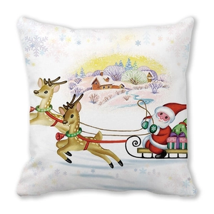 Détail de la taie d'oreiller de Noël montrant le Père Noël dans un traîneau à rennes