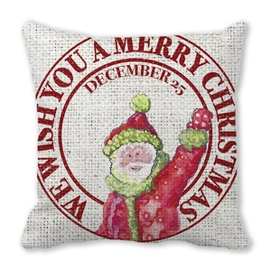 Close-up of Santa Claus print on peach skin pillowcase with Merry Christmas text