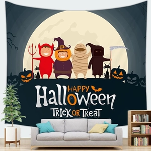 Tapiz de Halloween de piel de melocotón con dibujos animados y texto de feliz fiesta