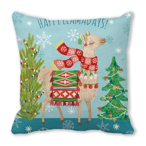 Dettaglio dell'illustrazione del lama di Natale su federa per cuscino festivo azzurro