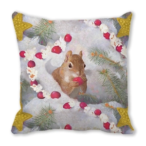 Linen Christmas pillow featuring a festive squirrel and winter berry illustration