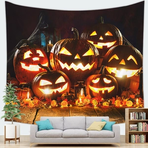 Halloween tapestry with glowing jack-o'-lanterns and candles above a modern sofa