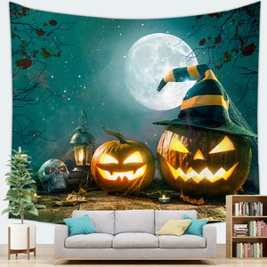 Halloween tapestry with glowing pumpkins, wizard hat, and skull on moonlit night backdrop