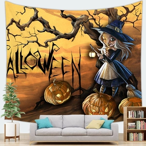 Halloween pumpkin and witch tapestry wall hanging for festive living room decoration