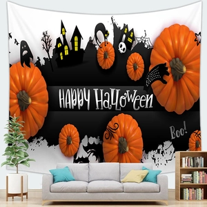 Detailed Halloween wall tapestry with pumpkin, black cat and castle silhouette graphics