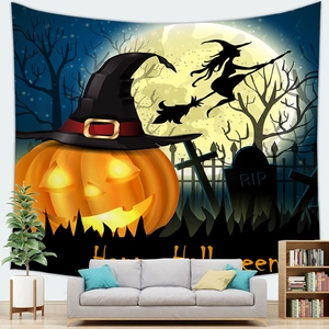 Modern living room setting with Halloween tapestry featuring a glowing pumpkin and moon