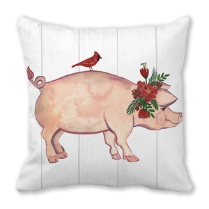Detail of artistic Christmas linen pillowcase with pink pig and red bird watercolor print