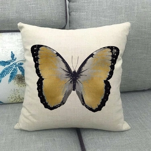 Square cushion cover featuring artistic butterfly print on a linen-textured sofa pillow