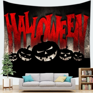 Λεπτομέρεια από ταπετσαρία τοίχου Halloween με κόκκινη γραμματοσειρά και μαύρες κολοκύθες