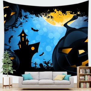 Λεπτομέρεια ταπετσαρίας Halloween με κάστρο και κολοκύθα σε ένα μοντέρνο σαλόνι